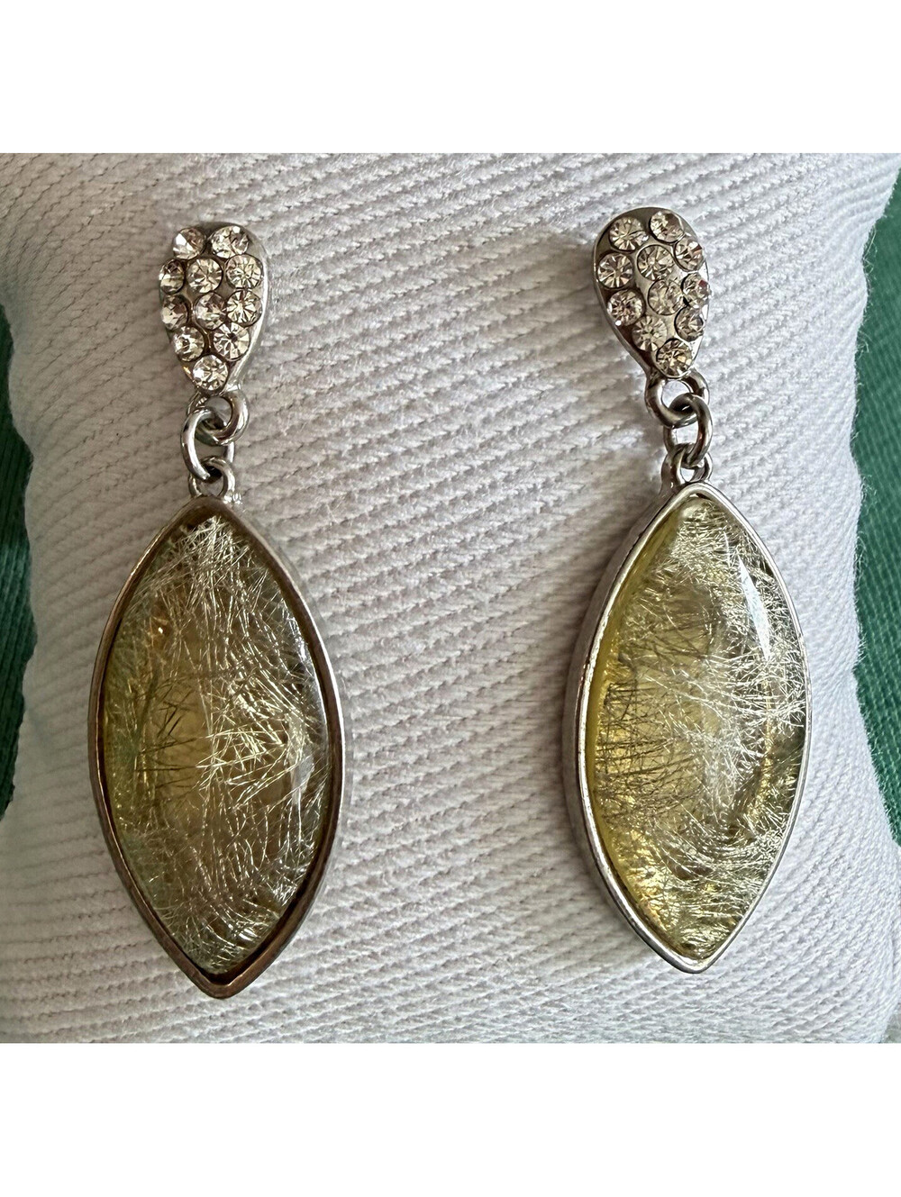 Faux Rutilated Quartz Drop Earrings Marquise Silver Tone Pavé Crystal Dangle